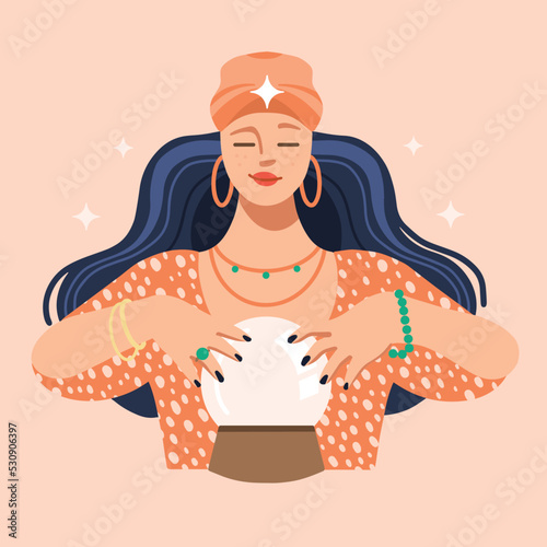 Beautiful fortune teller with a crystal ball looking at future. Gypsy oracle. Cartoon style. Halloween concept. Flat vector eps.