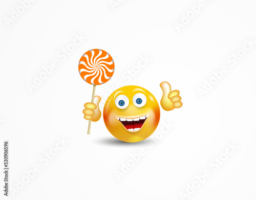 Happy emoticon showing thumb up holding sweet twisted candy lollipop with Halloween striped pattern on wooden stick isolated on white background. Vector cartoon illustration.