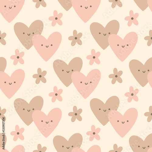 Vector Seamless Hand Drawn Romantic Pattern with Pink and Brown Cartoon Hearts and Flowers. Cute Nursery Print for Children in Pastel Skin Colors. Valentines Day Design. Wallpaper, Poster, Background.