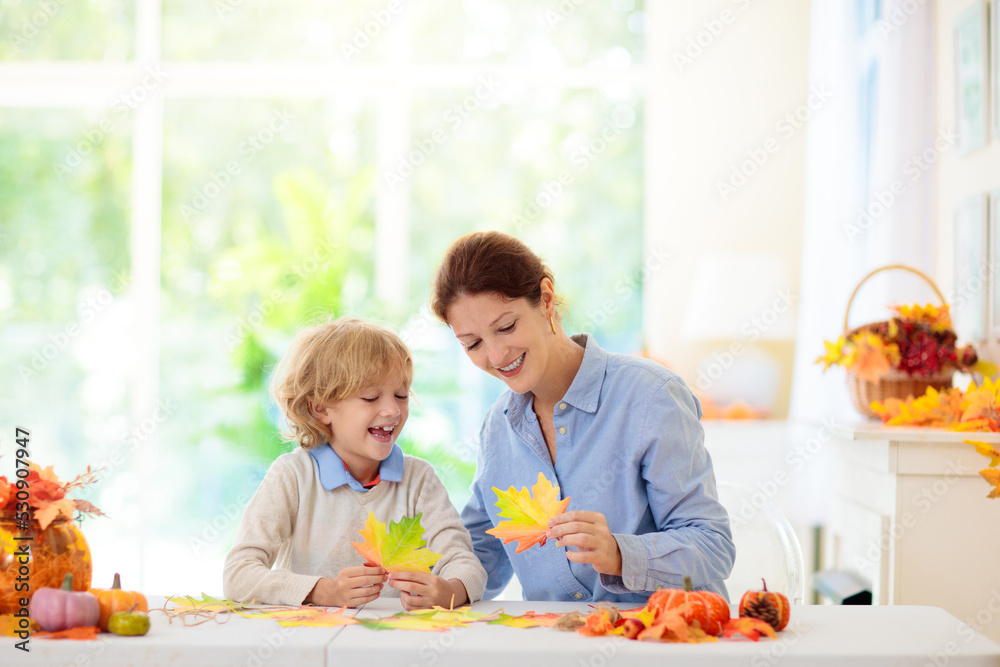Autumn home decoration. Family decorating house. Autumn home decoration. Family decorating house.