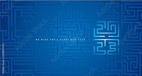 Happy New Year 2023 white blue cyberspace high tech typography greek mystic meander ornament labyrinth abstract pattern blue background