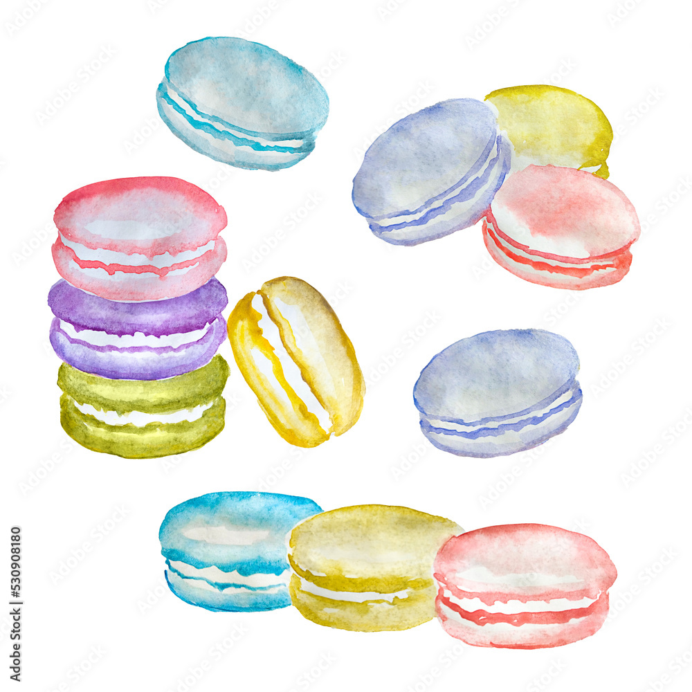 Macaroon set. Watercolor food illustration, desserts Macaroon set. Watercolor food illustration, desserts