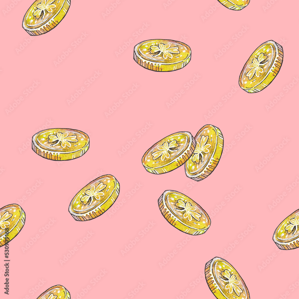 Seamless pattern with watercolor leprecount coins on a pink background