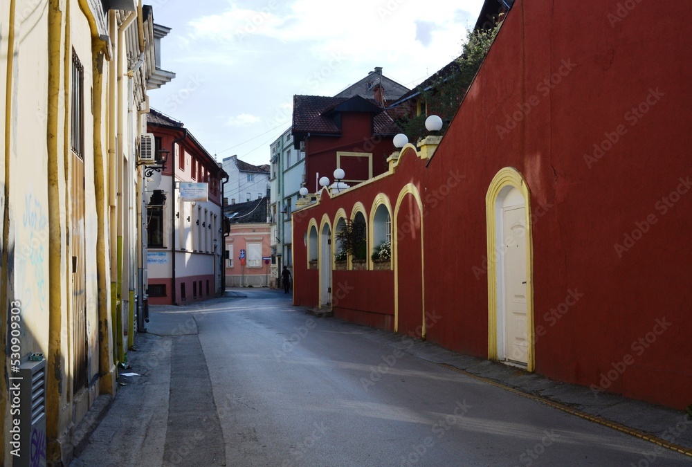 city streets with low houses