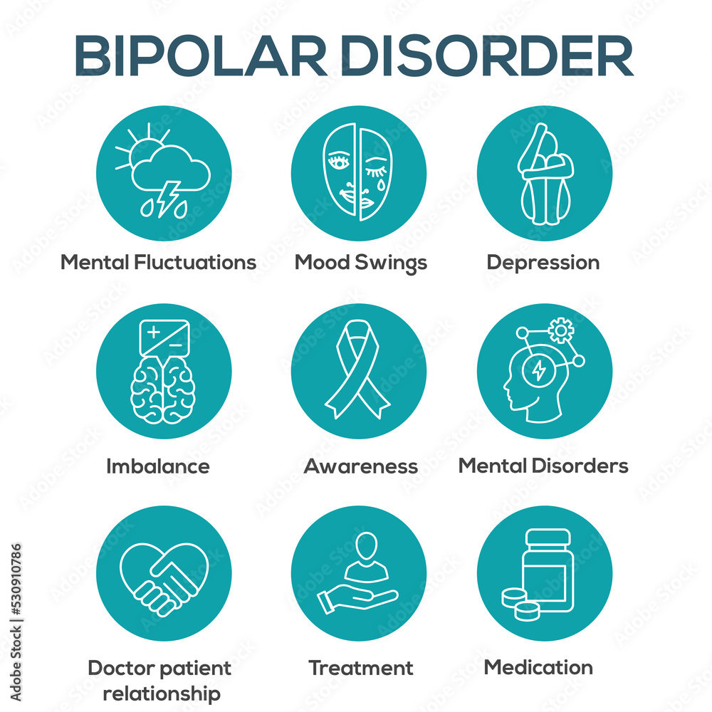 Bipolar Disorder or Depression BP Icon Set Showing Mental Health Issue Symptoms Bipolar Disorder or Depression BP Icon Set Showing Mental Health Issue Symptoms