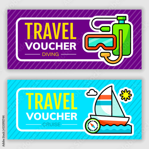 Set of travel voucher design template. Vector illustration