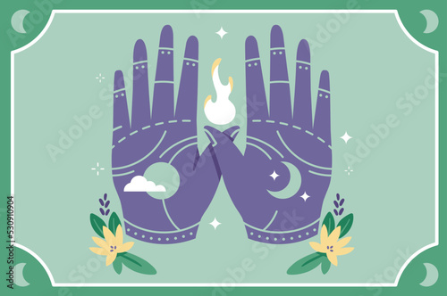 Divination. Palmistry. Palm reading. Sun Moon Occult. Magic Symbols. Vector. Hand illustration. Palmistry Poster. Flat Vector. EPS.