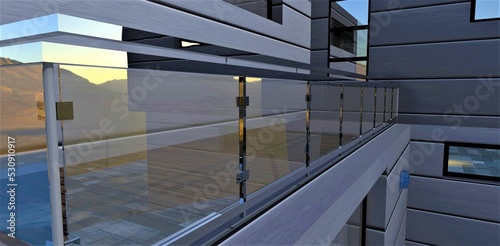 Stylish balcony glass railing with steel fittings and chrome railings. Reflection of a mountain landscape on a shiny surface. 3d render.