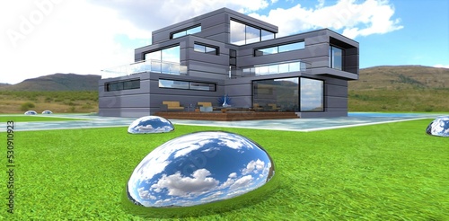 The cloudy sky is reflected on the surface of a chrome-plated ellipsoid dug into the ground in the backyard of a stylish futuristic house. 3d render. photo