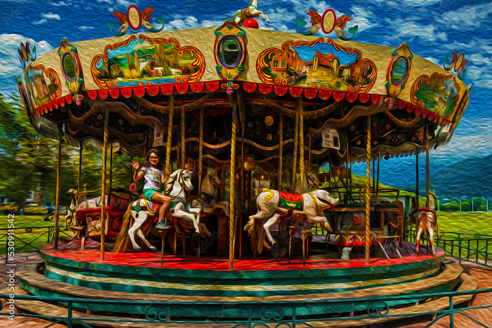 Happy child riding a horse from carousel in an amusement park of Annecy. An historical and lovely lakeside town located in France. Oil paint filter.
