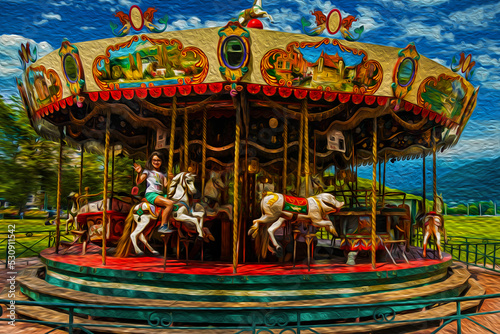 Happy child riding a horse from carousel in an amusement park of Annecy. An historical and lovely lakeside town located in France. Oil paint filter.
