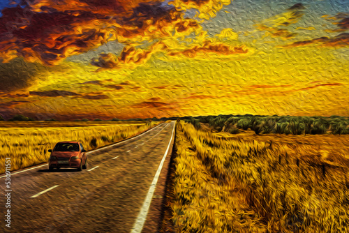 Car in a straight road passing through rural landscape with fields and sundown, near the Monfrague National Park in Spain. Oil paint filter. photo