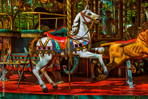 Colorful carousel with white horse in an amusement park of Annecy. An historical and lovely lakeside town located in France. Oil paint filter.