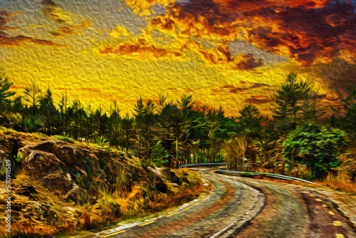 Curved road passing through a forest on rocky landscape at sundown in the Serra da Estrela, Portugal. Oil paint filter.