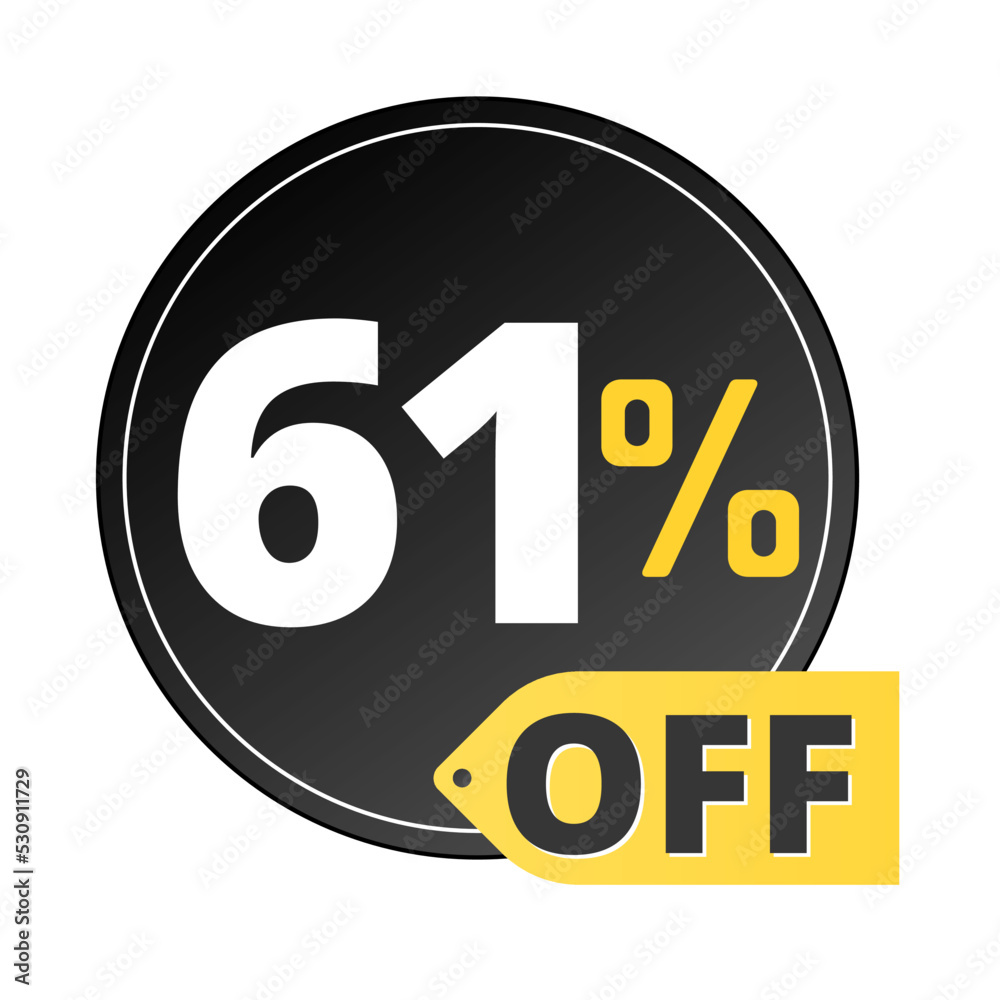 61% off limited special offer. Discount banner in black and yellow circular balloon. Sixty one