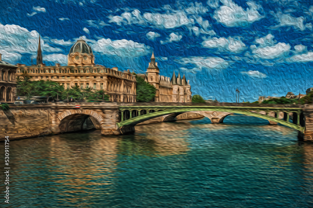 Bridge over the Seine River with the Conciergerie building in the background in Paris. The charming capital of France. Oil paint filter. Bridge over the Seine River with the Conciergerie building in the background in Paris. The charming capital of France. Oil paint filter.