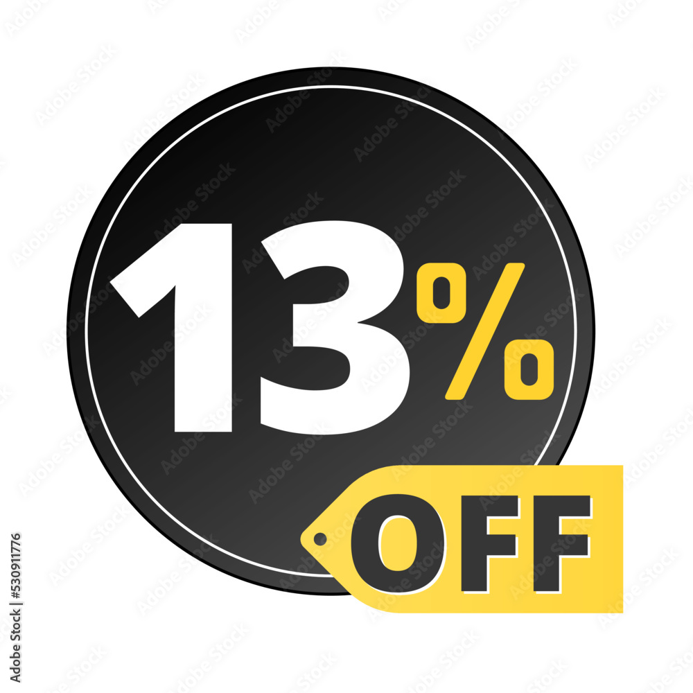 13% off limited special offer. Discount banner in black and yellow circular balloon. Thirteen 13% off limited special offer. Discount banner in black and yellow circular balloon. Thirteen