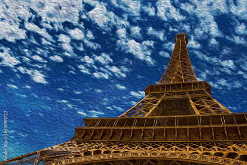 Perspective view from the bottom of the iron structure of Eiffel Tower in Paris. The charming capital of France. Oil paint filter.