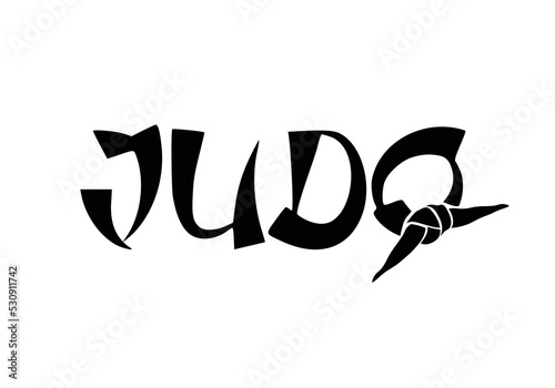 Judo stylized font on white background. Black belt. Judo logo, label, badge, design element. Sport design vector illustration. Martial art rank belt. Sport print. Retro vintage Judo sport vector