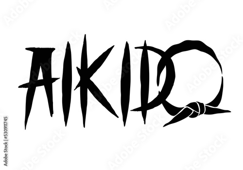 Aikido stylized font on white background. Black belt. Aikido logo, label, badge, design element. Sport design vector illustration. Martial art rank belt. Sport print. Retro vintage aikido sport vector
