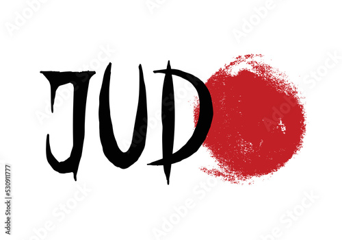 Judo stylized font on white background. Red sun. Judo logo, label, badge, design element. Sport design vector illustration. Sport print. Retro vintage Judo sport vector