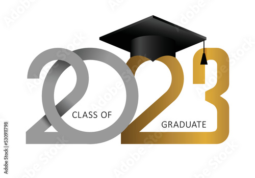 Class of 2023, elegant card in black, gold for banners, flyers, greetings, invitations, business diaries, congratulations and posters at the prom. Vector illustration. Graduation, class of 2023
