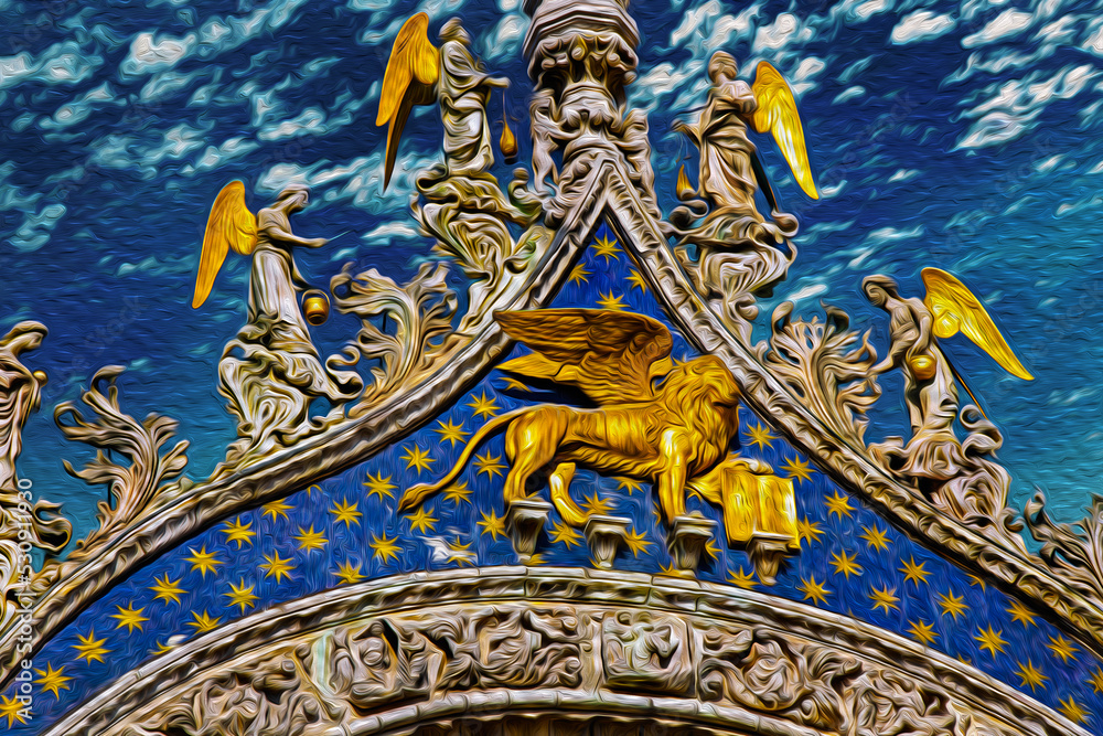 Obraz premium Sculptures and frontispiece made in marble and gold on the San Marco Basilica in Venice. The historic and amazing city in Italy. Oil paint filter.
