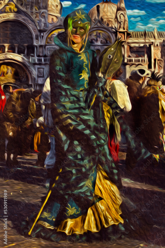 Carnival reveler wearing colorful costume with mask at the Carnival of Venice. The historic and amazing city full of canals and palaces in Italy. Carnival reveler wearing colorful costume with mask at the Carnival of Venice. The historic and amazing city full of canals and palaces in Italy.