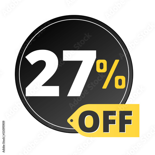 27% off limited special offer. Discount banner in black and yellow circular balloon. Twenty-seven