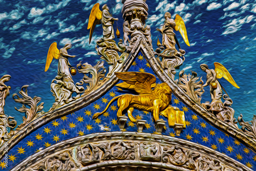 Sculptures and frontispiece made in marble and gold on the San Marco Basilica in Venice. The historic and amazing city in Italy. Oil paint filter.