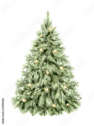 Watercolor vintage green classic Christmas tree with garland isolated on white background. Hand drawn illustration sketch