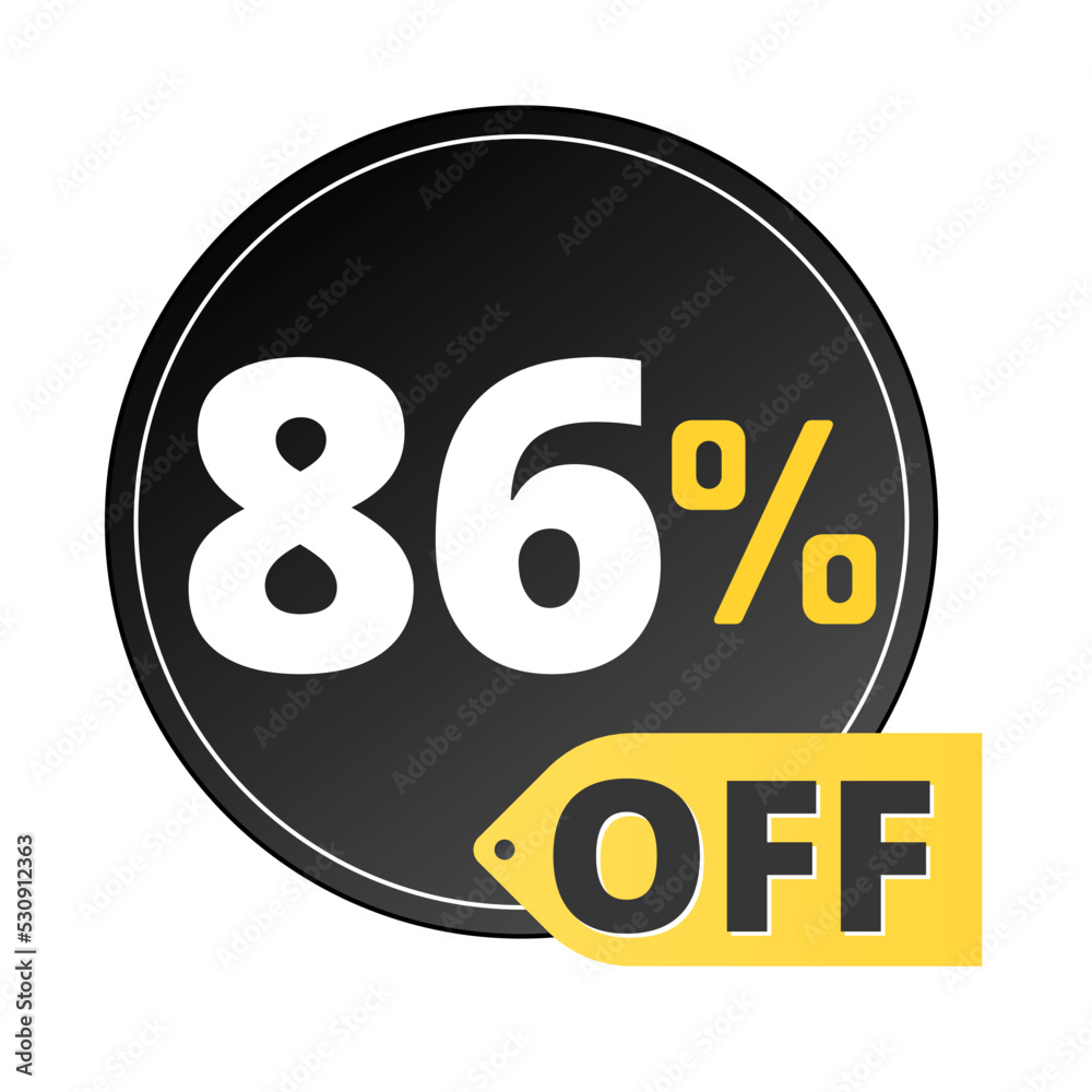 86% off limited special offer. Discount banner in black and yellow circular balloon. Eighty-six 86% off limited special offer. Discount banner in black and yellow circular balloon. Eighty-six