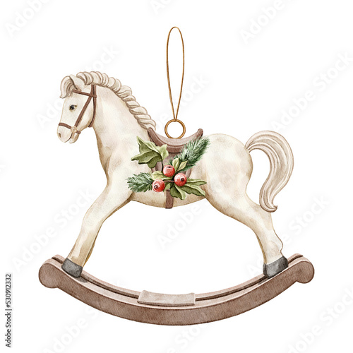 Watercolor vintage  cute christmas tree toy rocking horse animal isolated on white background. Hand drawn illustration sketch