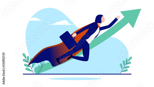 Superhero business woman - Female person in finance flying upwards with green arrow towards growth and success. Flat design vector illustration with white background