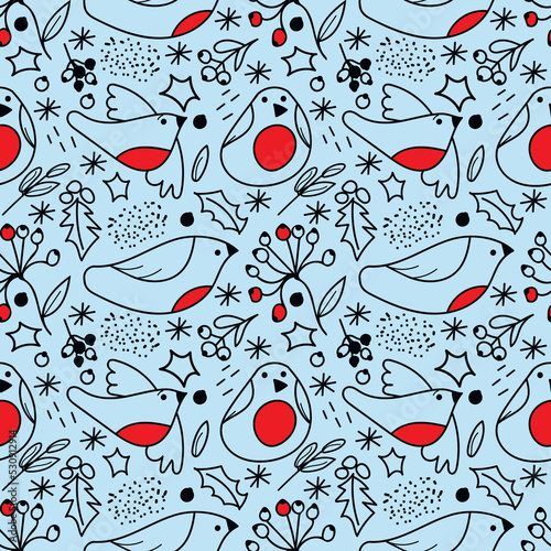 Seamless pattern doodle vector with birds (bullfinch) on a blu backgriund.Texture for wrapping paper, fabrics, decor. Also suitable for New Year and Christmas.