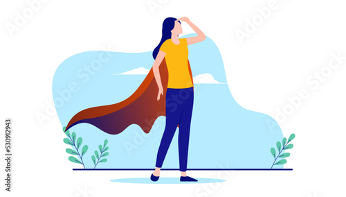 Ambitious superhero woman looking for opportunities in cape and casual clothes. Flat design vector illustration with white background