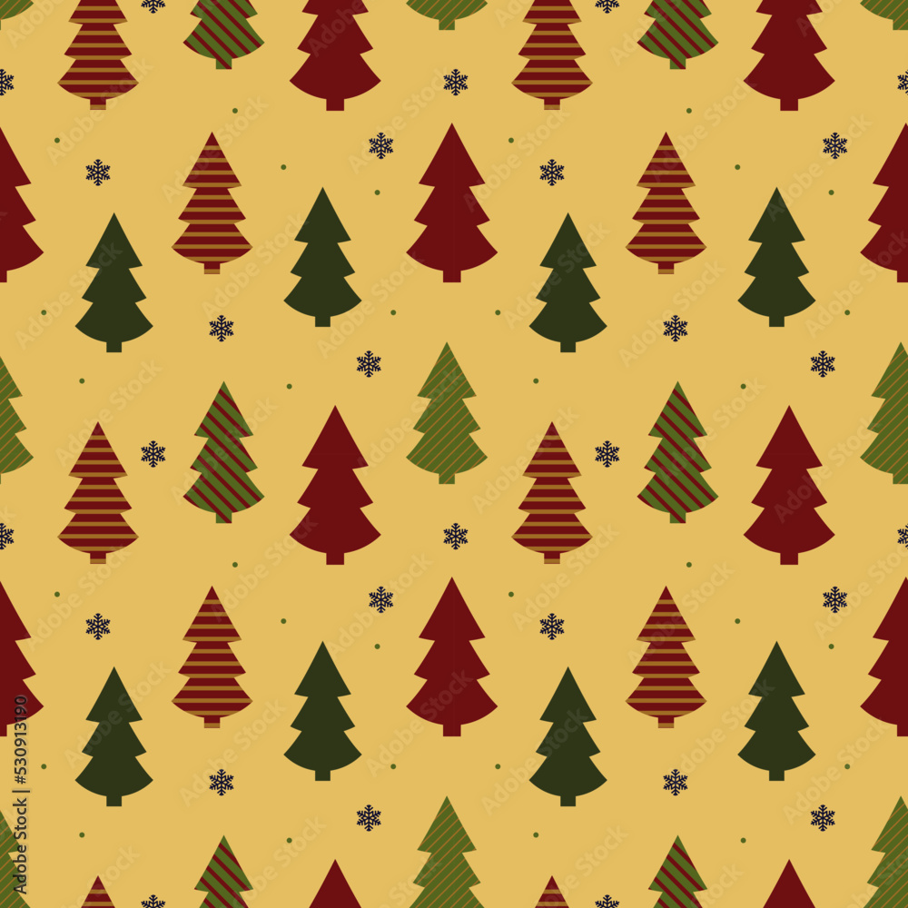 Vector winter seamless pattern. Illustration of new year trees and snowflakes. Merry Christmas and happy New Year. Christmas background. Winter wrapping.