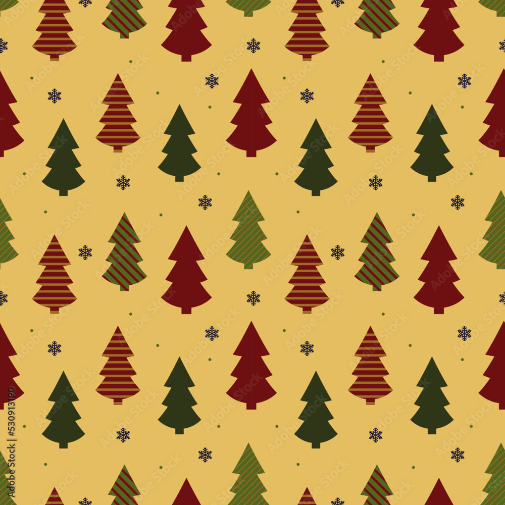 Obraz premium Vector winter seamless pattern. Illustration of new year trees and snowflakes. Merry Christmas and happy New Year. Christmas background. Winter wrapping.