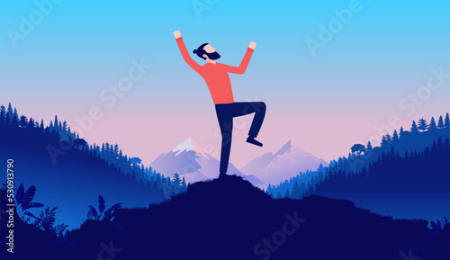Feeling free - Man outdoors in nature landscape standing on hill top cheering and feeling happy. Freedom and happiness concept. Vector illustration © Knut