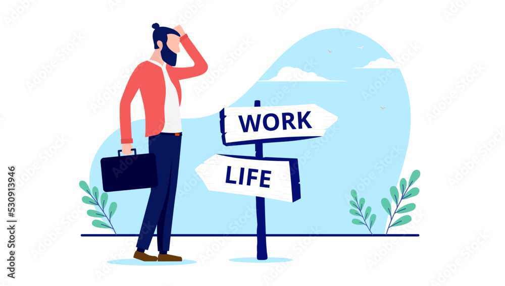Work life problem - Man standing by crossroad signpost trying to choose ...