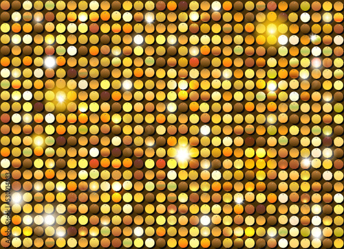 Sequined gold texture. Golden sequins with glitter circles. Shining glittering disco background. Mosaic with light spots club screen
