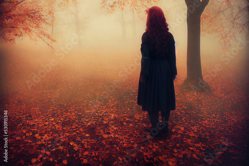 Woman standing alone in eerie misty foggy autumn forest