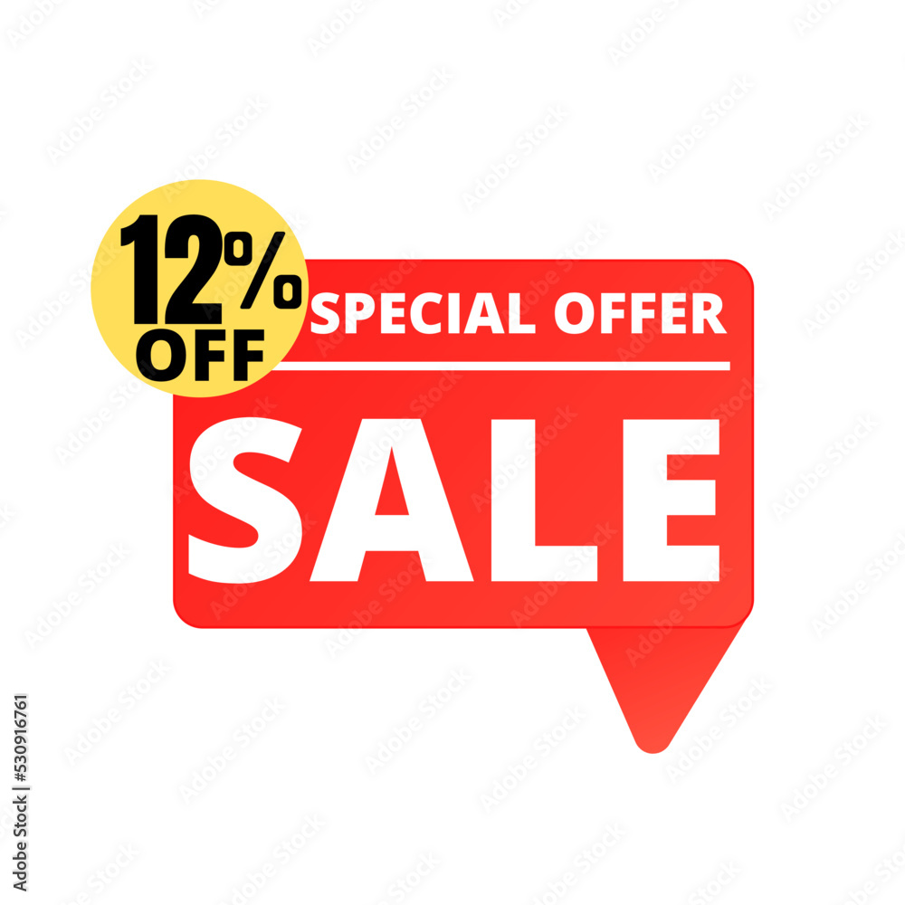 12% Off. Red Sale Tag Speech Bubble Set. special discount offer, Twelve