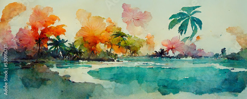 Digital structure of painting. Watercolor summer tropic landscape.