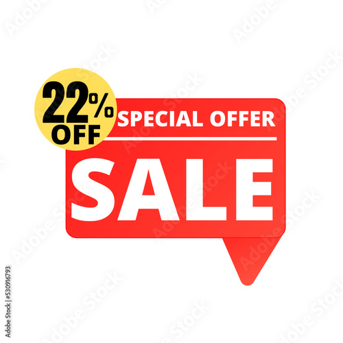 22% Off. Red Sale Tag Speech Bubble Set. special discount offer, Twenty two 
