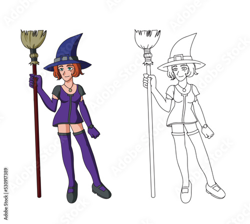 Little witch in short purple dress holding a broom. Vector illustration isolated on white background.