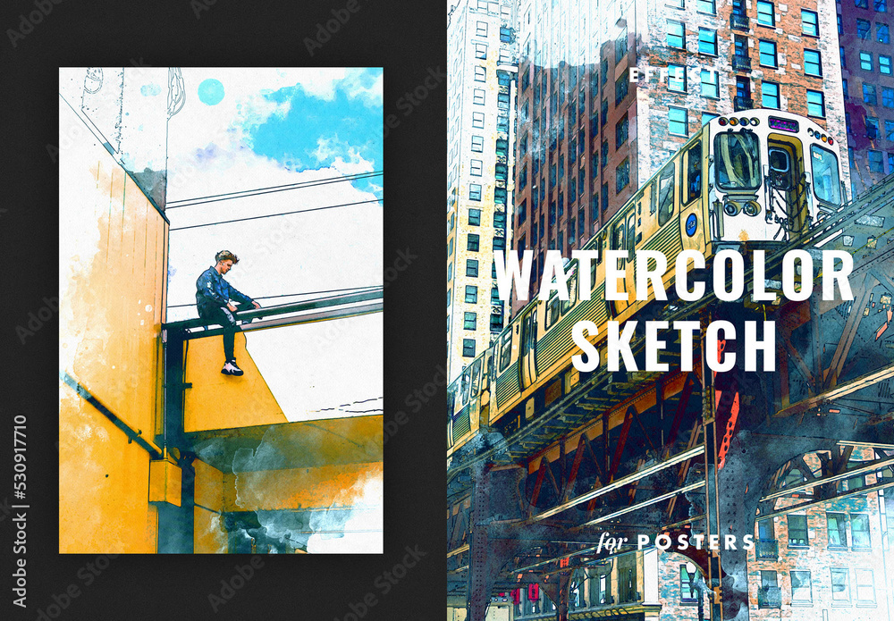 Watercolor and Pencil Sketch Poster Photo Effect Mockup Stock Template