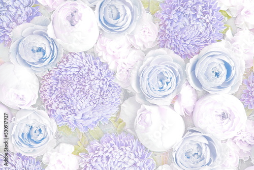 Relief of chrysanthemum and rose. Blue floral background. 3D illustration. 3D render
