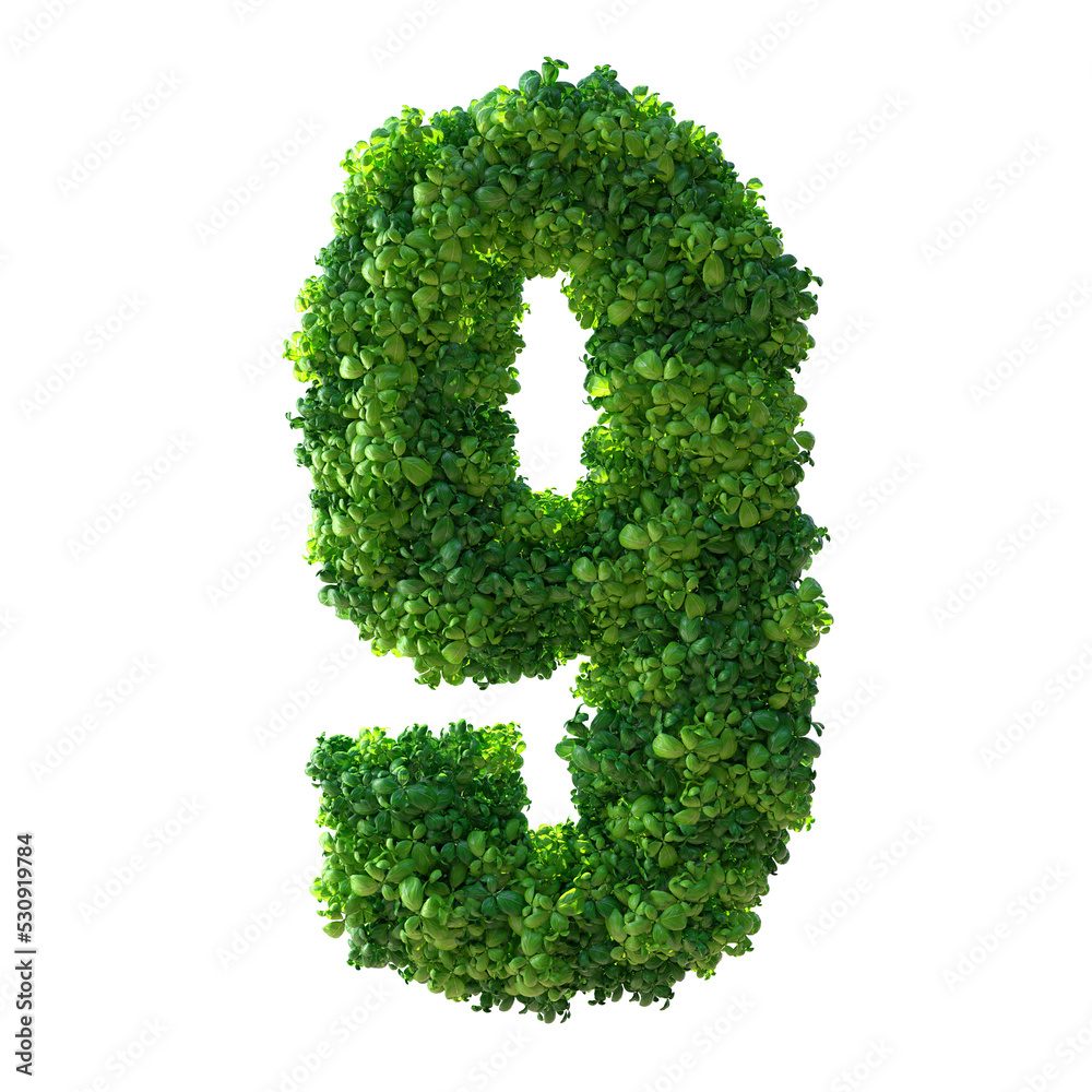 Number 9, Alphabet. Green plant number isolated with Clipping Path. 3d illustration. leaves, grass, moss, basil, mint.