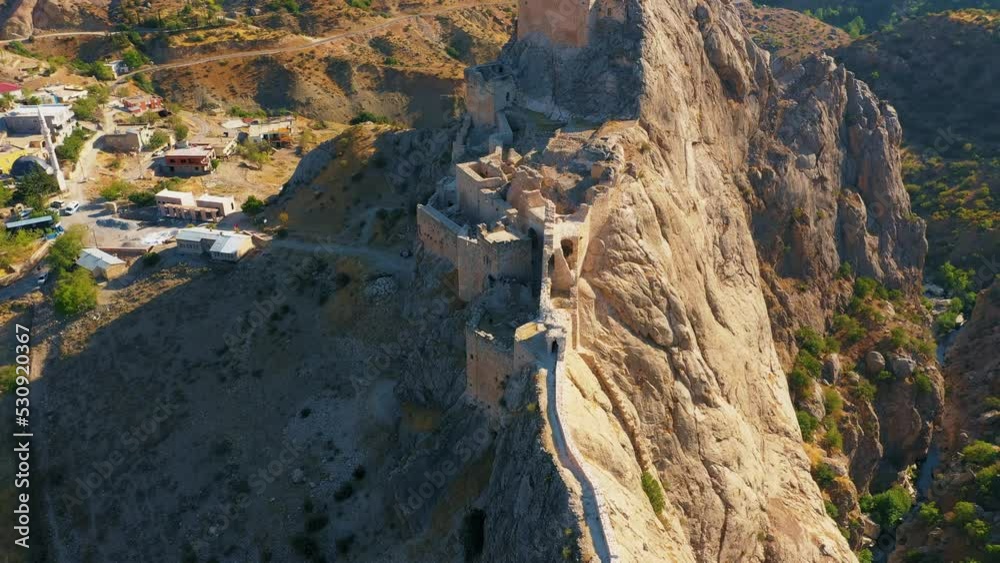 Aerial footage of Kahta Castle, from top near of nemrut mountain a beautiful touristic attraction point